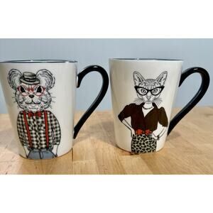 Signature Housewares Mug Set French Cat & Mouse Animal Art Stoneware Coffee Tea